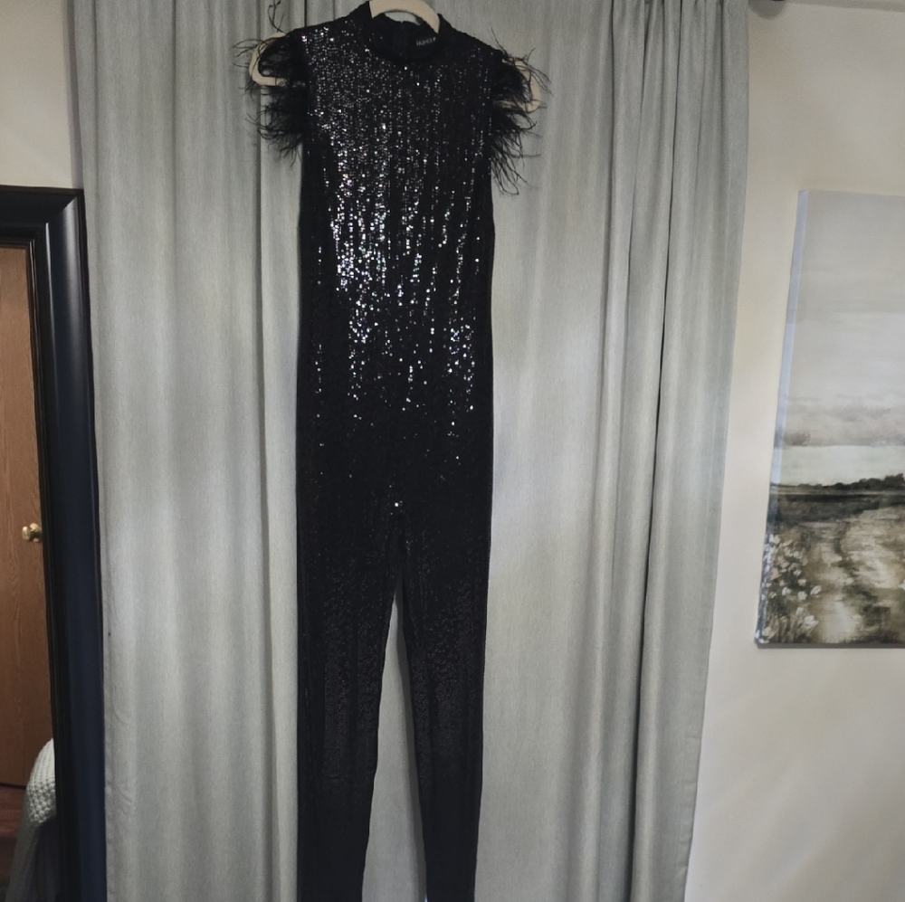 FASHION NOVA Chic Feather Sequin Jumpsuit - Black